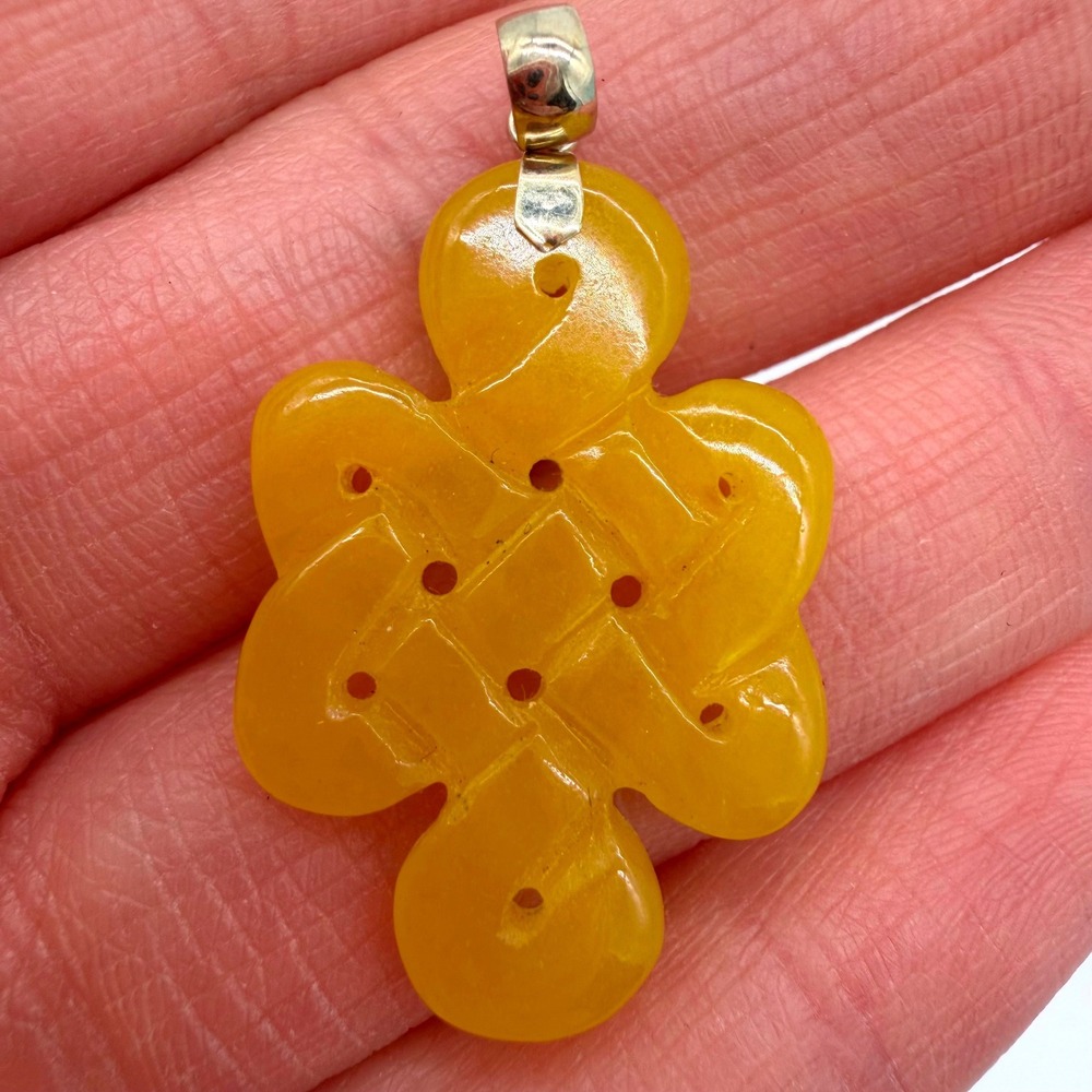 Yellow Jade Weave Endless Infinity Knot Pendant, 14K Yellow Gold Bail
